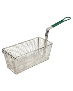 Winco FB-30 Nickle Plated Wire Twin / Half Size Fryer Basket with Front Hook and Green Plastic Coated Handle 13-1/4"L x 6-1/2"W x 6"H