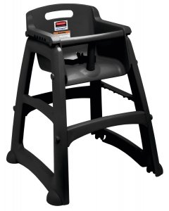 Rubbermaid FG780508BLA Sturdy Chair Stackable Plastic High Chair / Youth Seat with Waist Strap & Wheels - Black - Assembled