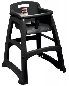 Rubbermaid FG780608BLA Sturdy Chair Stackable Plastic High Chair / Youth Seat with Waist Strap & w/o Wheels - Black - Assembled
