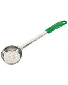 Winco FPP-4 One-Piece Stainless Steel Perforated Round Food Portioner with Green Plastic Handle 4 oz. - 12/Case