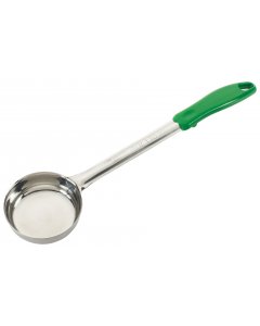 Winco FPS-4 One-Piece Stainless Steel Solid Round Food Portioner with Green Plastic Handle 4 oz. - 12/Case