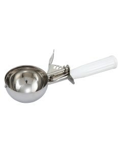 Winco ICD-6 Stainless Steel Thumb-Press Ice Cream Disher with White Plastic Handle 4-2/3 oz. - Size 6 - 36/Case