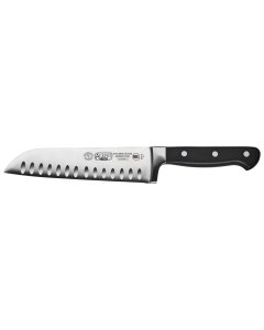 Winco KFP-70 Acero Carbon Stainless Steel Forged Santoku Knife with 7" Blade and Black POM Handle
