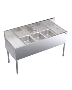 Krowne KR24-53C Royal Series Underbar 3-Compartment Stainless Steel Bar Sink with Faucet 60"W x 24"D - 2 Drainboards L/R 12"