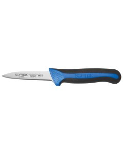 Winco KSTK-30 Sof-Tek High Carbon Steel Paring Knife with 3-1/4" Blade and Black/Blue TPR Handle - 2/Pack x 6 Packs/Case