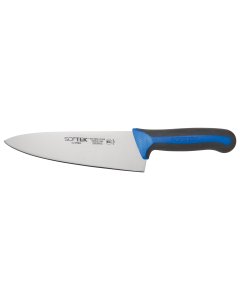 Winco KSTK-80 Sof-Tek High Carbon Steel Chef's Knife with 8" Blade and Black/Blue TPR Handle - 6/Case