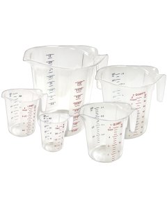 Winco PMCP-5SET 5-Piece Polycarbonate Measuring Cup Set with Color Graduations - Clear - includes: 1 cup, 1 pint, 1, 2 & 4 qt. - 6/Case