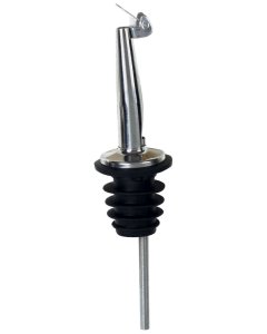 Winco PPM-4C Medium/Fast Flow Liquor Pourer with Stainless Steel Tapered Spout, Hinged Cap, and Black Plastic Cork - 144/Case