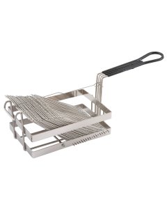 Winco TB-18 Nickel-Plated Steel Tostada Fry Basket with Front Hook and Black Plastic Handle 10-1/2" x 6-1/2" x 5-1/4"H - Holds (18) 6" Shells