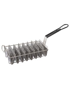 Winco TB-8 Nickel-Plated Rectangular Taco Shell Fry Basket with Front Hook and Black Plastic Handle - Holds (8) 6" Folded Shells