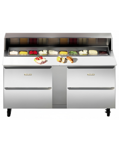 Traulsen UPT7230-LL-SB 2-Section 2 Left/Left Hinged Door Refrigerated Salad/Sandwich Prep Table with Roll-Top Lid & Stainless Steel Back 72" - Holds (30) 1/6 Size Pans - 24.5 cu. ft. - 115v