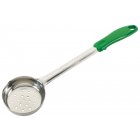 Winco FPP-4 One-Piece Stainless Steel Perforated Round Food Portioner with Green Plastic Handle 4 oz. - 12/Case