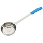 Winco FPP-8 One-Piece Stainless Steel Perforated Round Food Portioner with Blue Plastic Handle 8 oz. - 72/Case