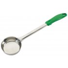 Winco FPS-4 One-Piece Stainless Steel Solid Round Food Portioner with Green Plastic Handle 4 oz. - 12/Case